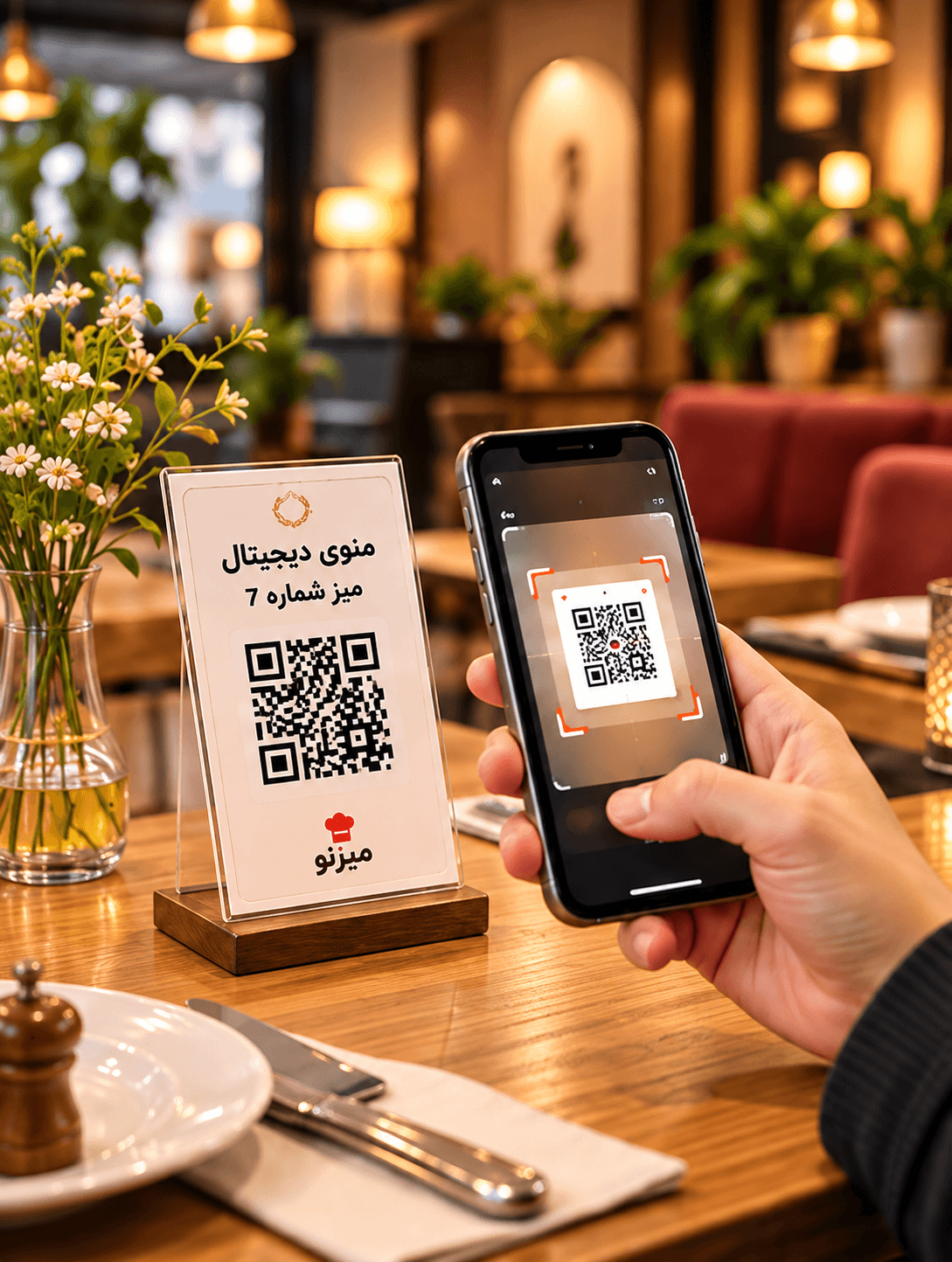 اسکن بارکد منوی دیجیتال میزنو با گوشی، روی میز رستوران